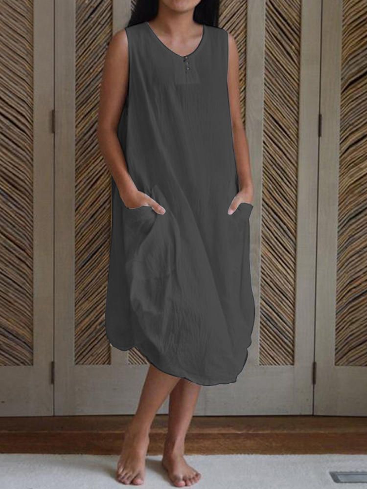 Vestido Informal Holgado Sin Mangas De Algodón Sin Mangas Con Bolsillo Lateral Para Mujer