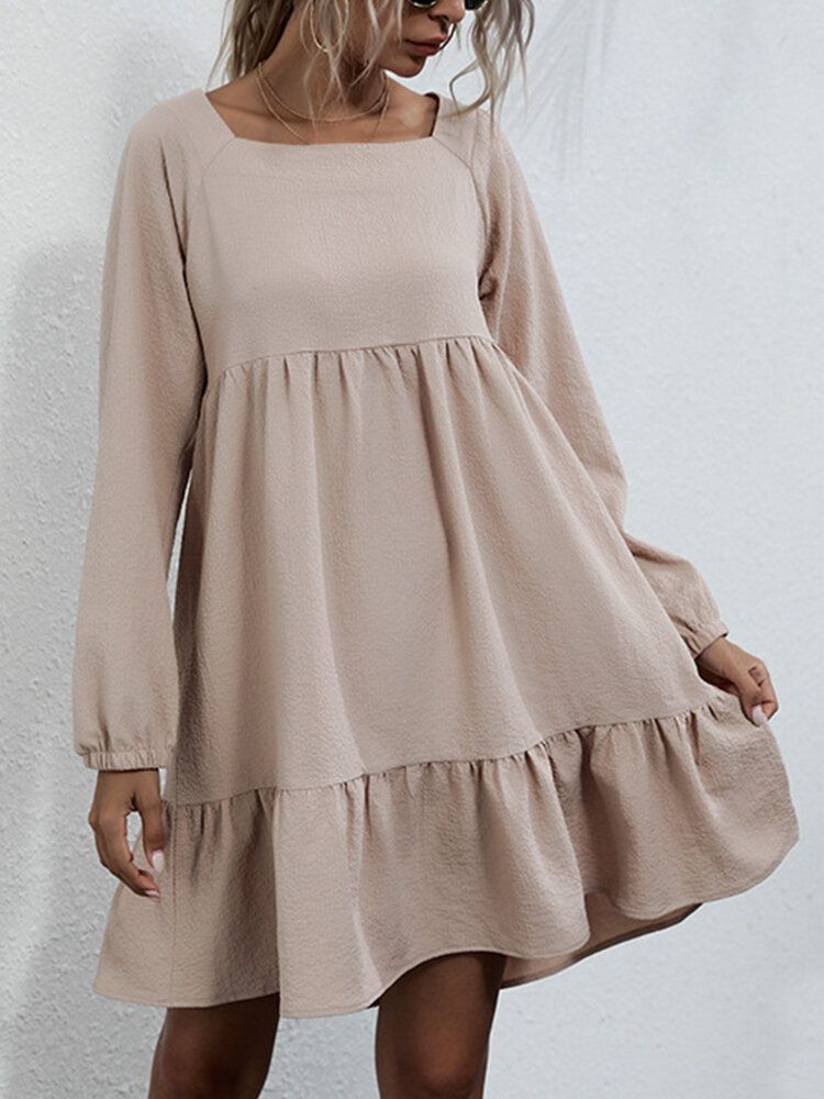 Vestido Informal De Manga Larga Con Volantes Y Volantes En Color Sólido De Estilo Breve Para Mujer