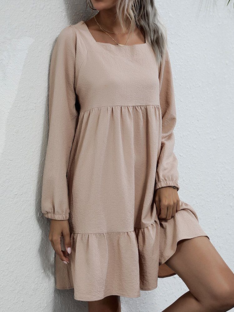 Vestido Informal De Manga Larga Con Volantes Y Volantes En Color Sólido De Estilo Breve Para Mujer