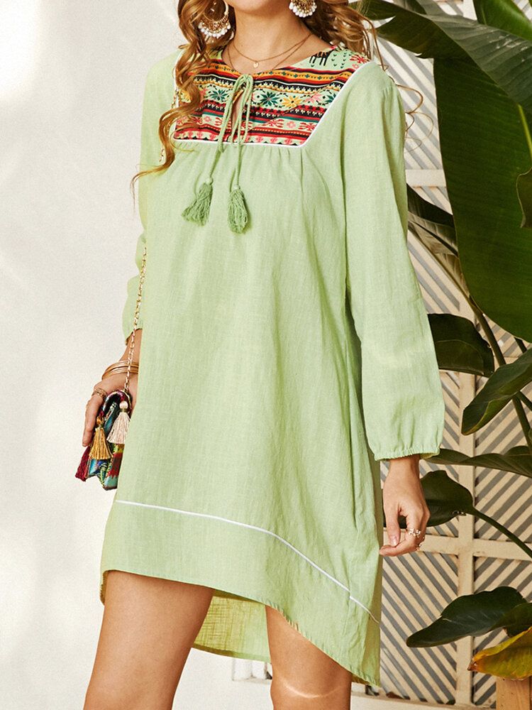 Vestido De Manga Larga Con Borlas Y Retazos Con Estampado Étnico Bohemio Para Mujer