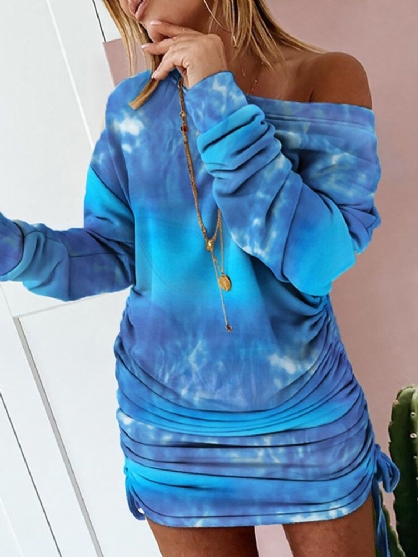 Vestido De Manga Larga Con Dobladillo Con Cordón Y Hombros Descubiertos Con Estampado Tie-dye Para Mujer