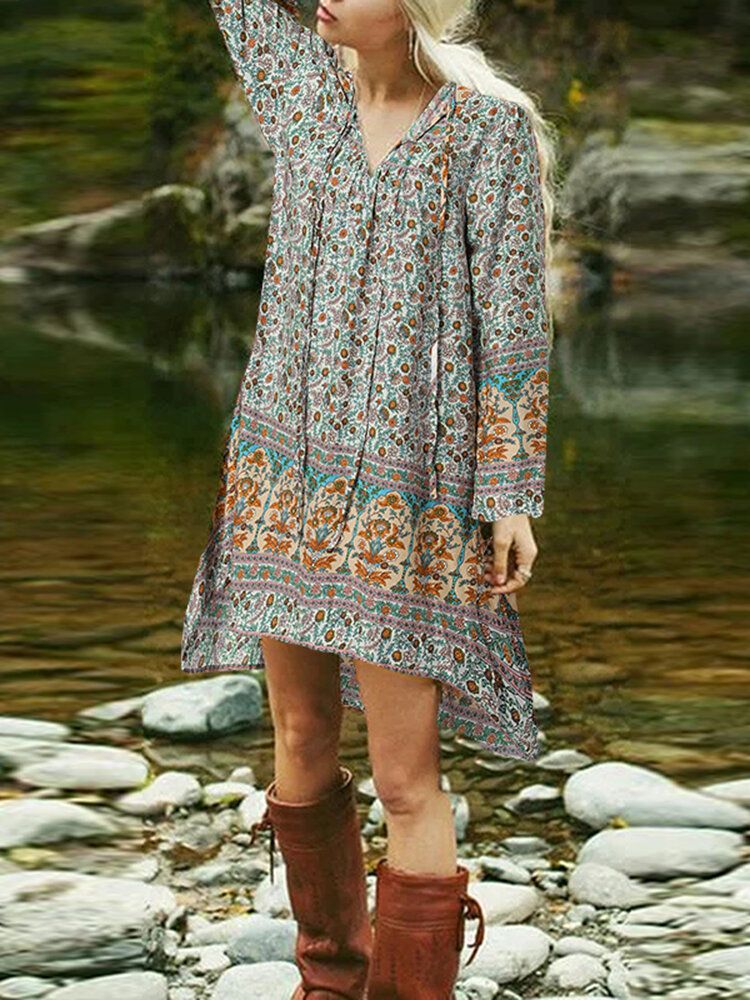 Vestido De Mujer De Manga Larga Informal Bohemio Con Cordones Y Estampado Floral Étnico Con Dobladillo Alto Y Bajo