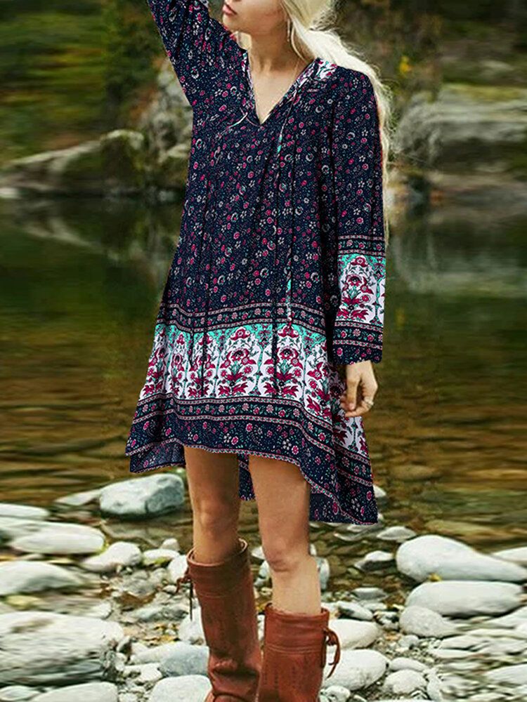 Vestido De Mujer De Manga Larga Informal Bohemio Con Cordones Y Estampado Floral Étnico Con Dobladillo Alto Y Bajo