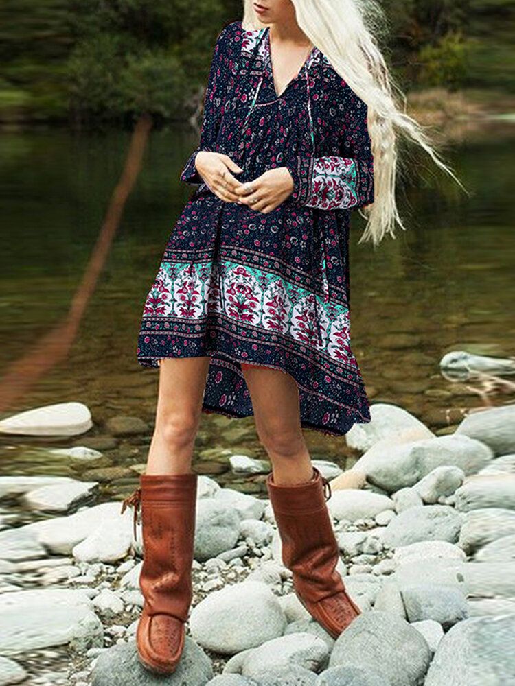 Vestido De Mujer De Manga Larga Informal Bohemio Con Cordones Y Estampado Floral Étnico Con Dobladillo Alto Y Bajo