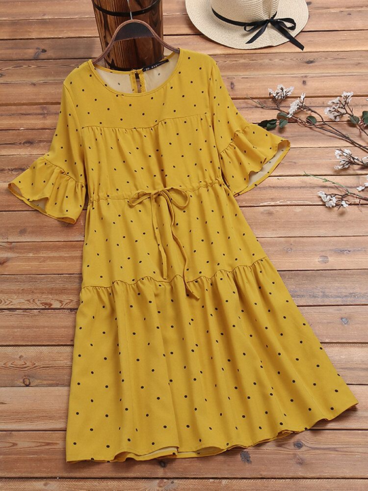 Vestido Vintage De Media Manga Con Estampado De Lunares Y Cintura Con Cordón