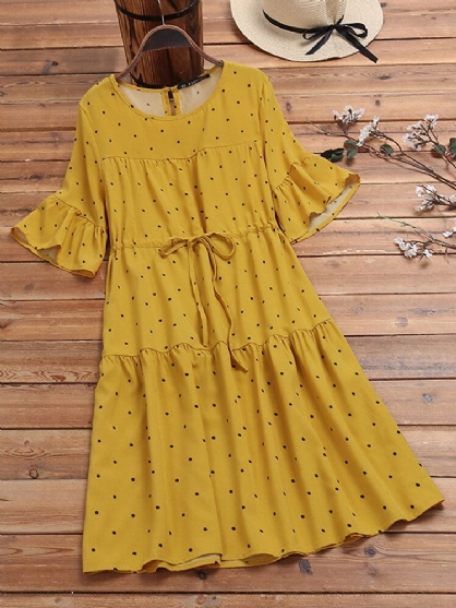 Vestido Vintage De Media Manga Con Estampado De Lunares Y Cintura Con Cordón