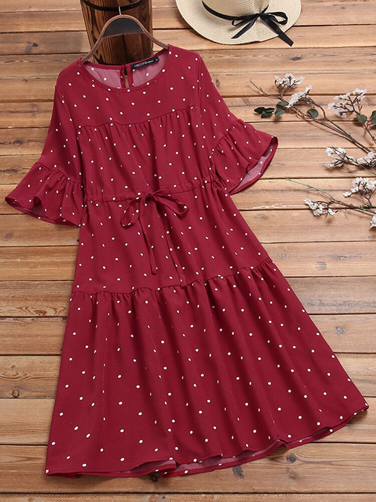 Vestido Vintage De Media Manga Con Estampado De Lunares Y Cintura Con Cordón