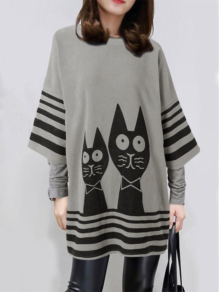 Vestidos Sueltos De Patchwork Con Estampado De Rayas De Gato De Dibujos Animados Para Mujer