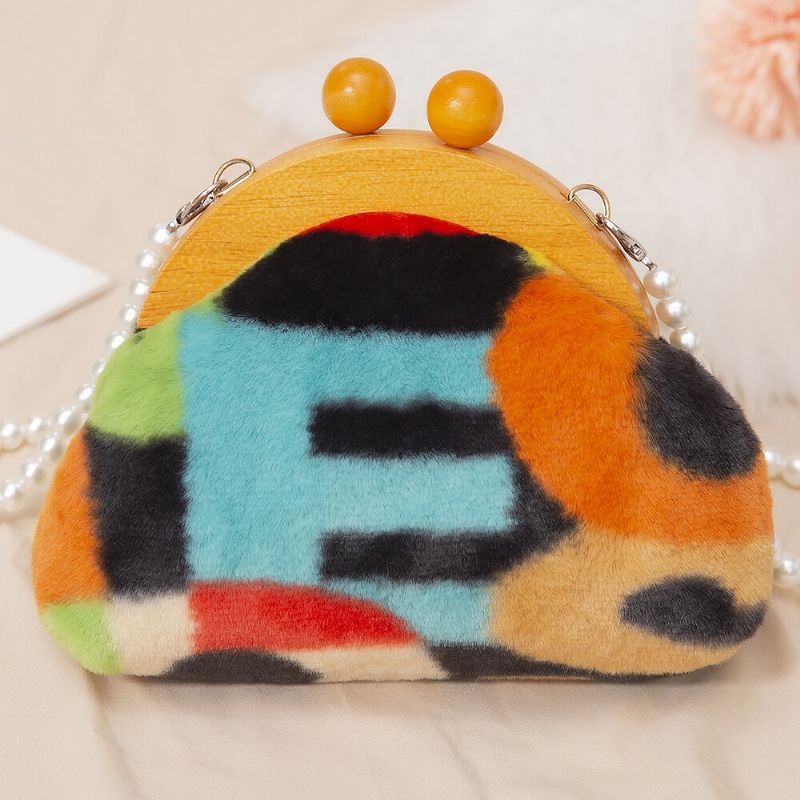 Bolso Bandolera Con Cadena De Perlas Y Patchwork De Teñido Anudado De Felpa Para Mujer