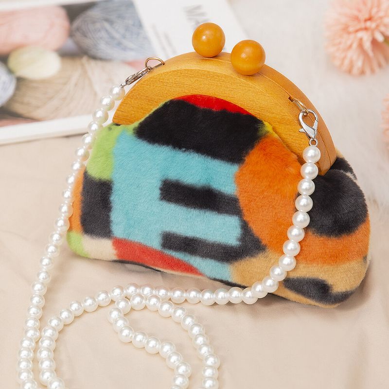 Bolso Bandolera Con Cadena De Perlas Y Patchwork De Teñido Anudado De Felpa Para Mujer