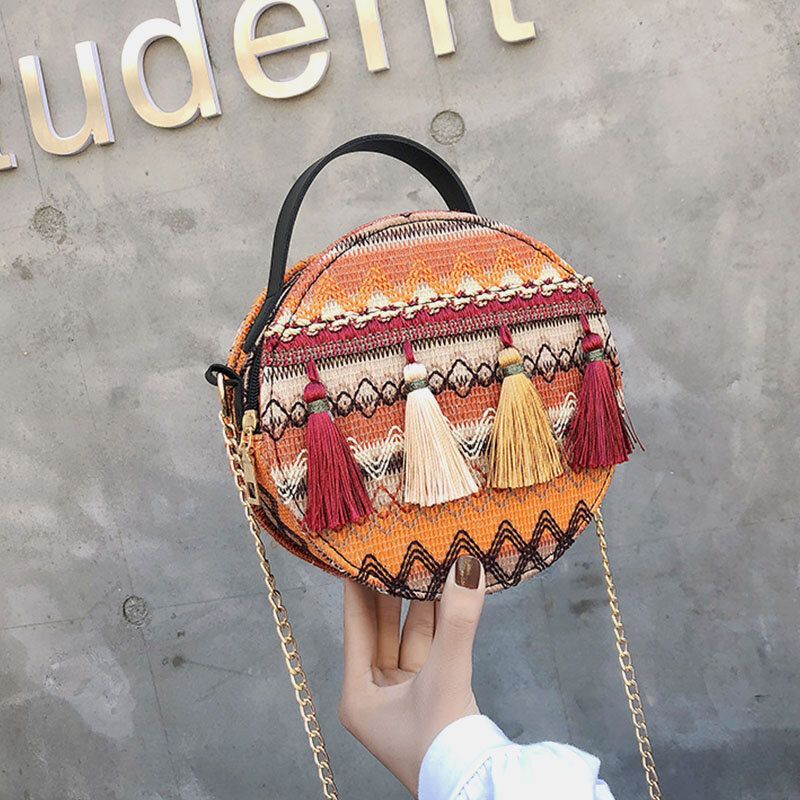 Bolso Bandolera Con Cadenas De Rayas Y Borlas De Paja Para Mujer