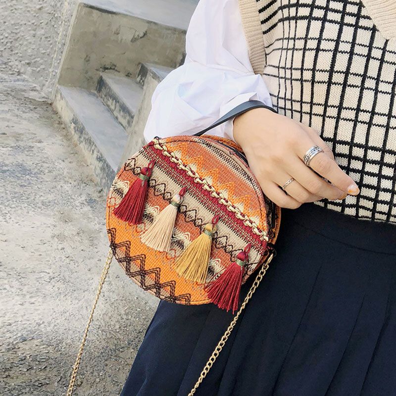 Bolso Bandolera Con Cadenas De Rayas Y Borlas De Paja Para Mujer