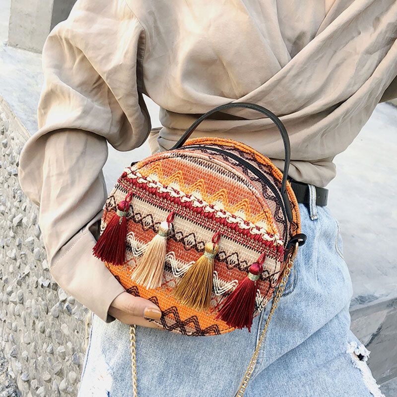 Bolso Bandolera Con Cadenas De Rayas Y Borlas De Paja Para Mujer