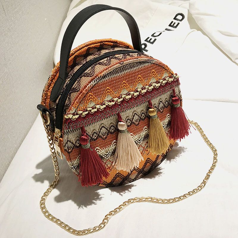 Bolso Bandolera Con Cadenas De Rayas Y Borlas De Paja Para Mujer