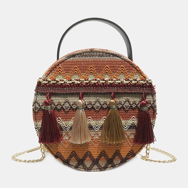 Bolso Bandolera Con Cadenas De Rayas Y Borlas De Paja Para Mujer