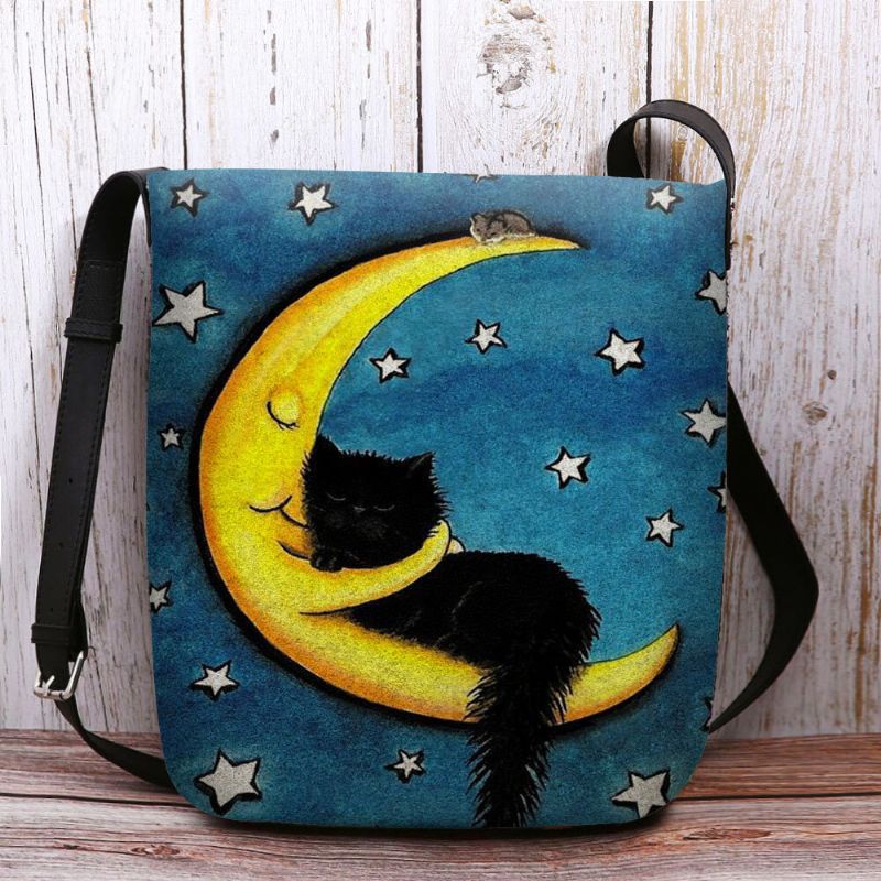 Bolso Bandolera Con Estampado De Cielo Estrellado Y Luna De Gato De Fieltro Para Mujer