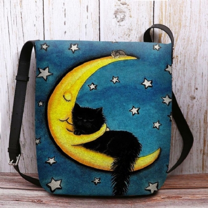 Bolso Bandolera Con Estampado De Cielo Estrellado Y Luna De Gato De Fieltro Para Mujer