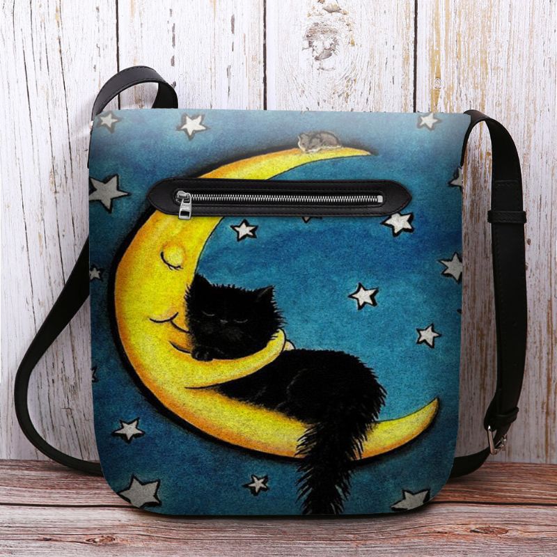 Bolso Bandolera Con Estampado De Cielo Estrellado Y Luna De Gato De Fieltro Para Mujer