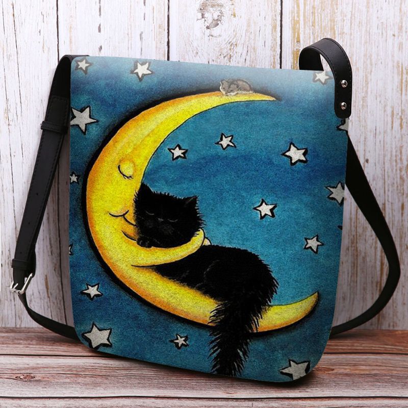 Bolso Bandolera Con Estampado De Cielo Estrellado Y Luna De Gato De Fieltro Para Mujer