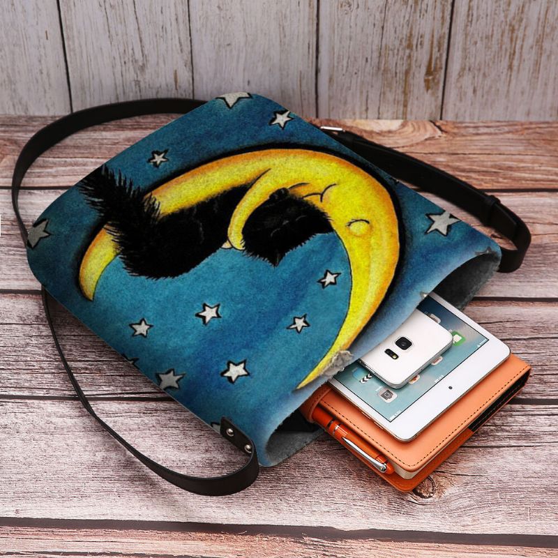 Bolso Bandolera Con Estampado De Cielo Estrellado Y Luna De Gato De Fieltro Para Mujer