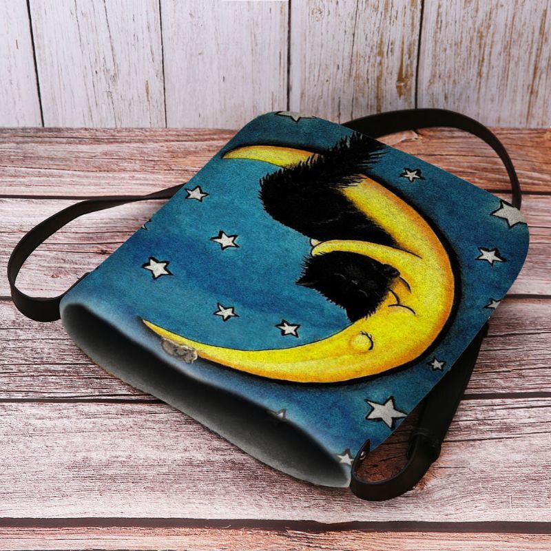 Bolso Bandolera Con Estampado De Cielo Estrellado Y Luna De Gato De Fieltro Para Mujer