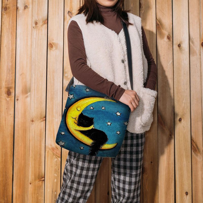 Bolso Bandolera Con Estampado De Cielo Estrellado Y Luna De Gato De Fieltro Para Mujer