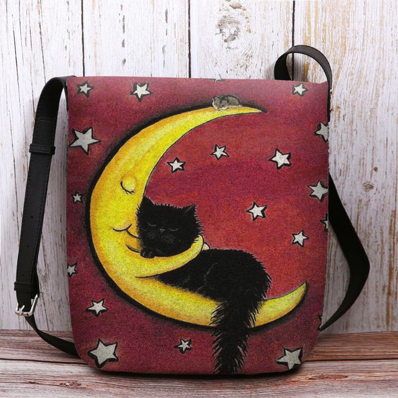 Bolso Bandolera Con Estampado De Cielo Estrellado Y Luna De Gato De Fieltro Para Mujer