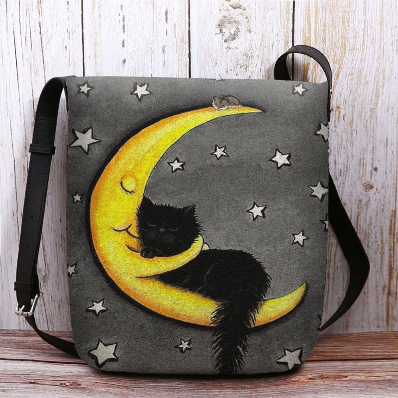 Bolso Bandolera Con Estampado De Cielo Estrellado Y Luna De Gato De Fieltro Para Mujer