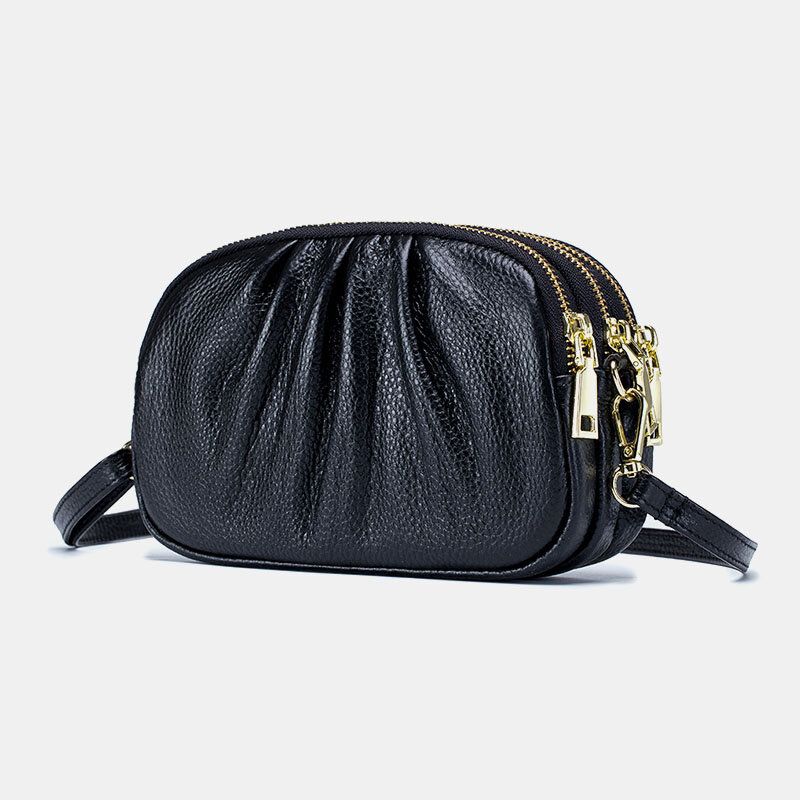 Bolso Bandolera De Cuero Genuino Para Mujer Con 3 Bolsillos Con Cremallera Y Diseño Plegable