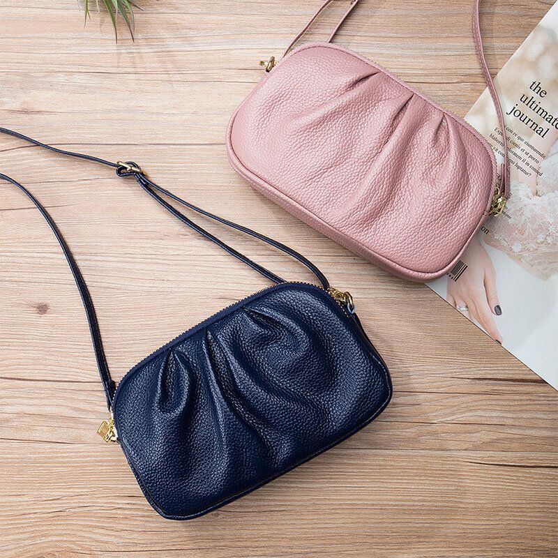 Bolso Bandolera De Cuero Genuino Para Mujer Con 3 Bolsillos Con Cremallera Y Diseño Plegable