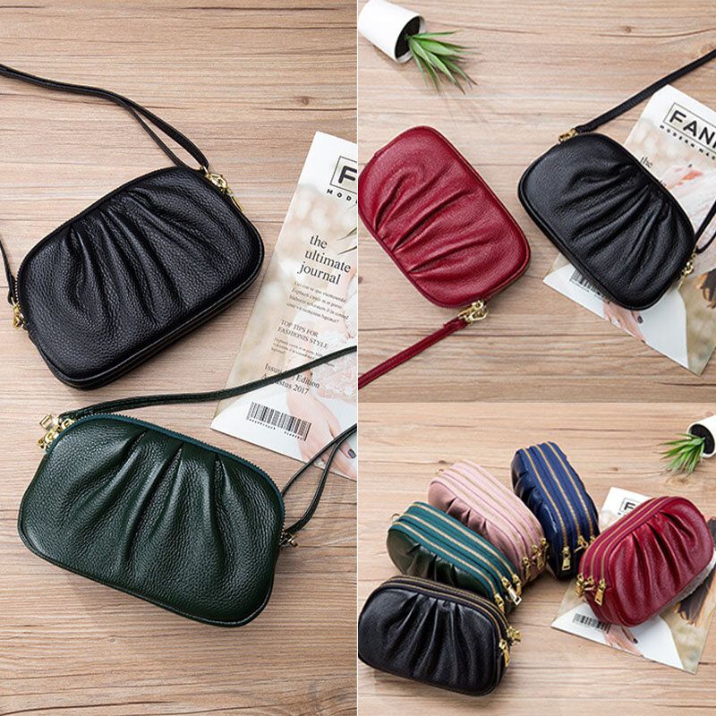 Bolso Bandolera De Cuero Genuino Para Mujer Con 3 Bolsillos Con Cremallera Y Diseño Plegable