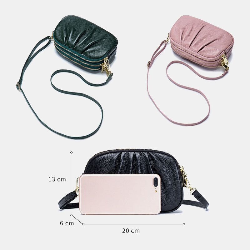 Bolso Bandolera De Cuero Genuino Para Mujer Con 3 Bolsillos Con Cremallera Y Diseño Plegable