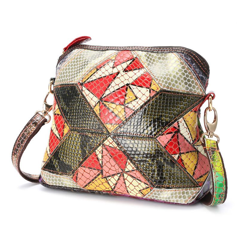 Bolso Bandolera De Cuero Genuino Para Mujer Patchwork Art Shell