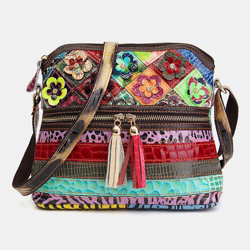 Bolso Bandolera De Cuero Genuino Vintage Floral Para Mujer Bolso De Hombro Informal Para Niñas