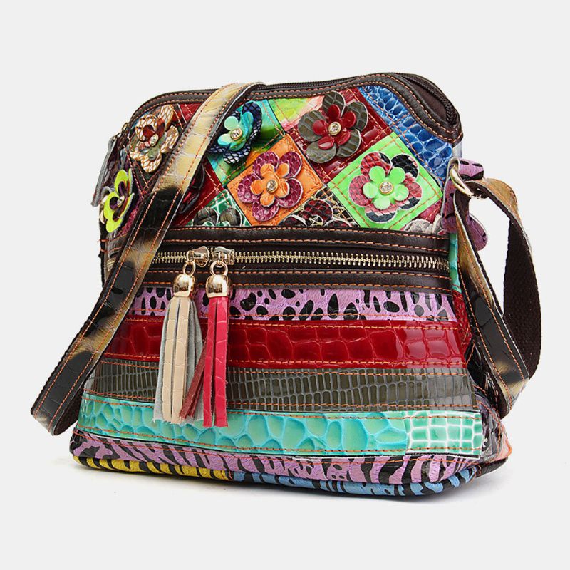 Bolso Bandolera De Cuero Genuino Vintage Floral Para Mujer Bolso De Hombro Informal Para Niñas