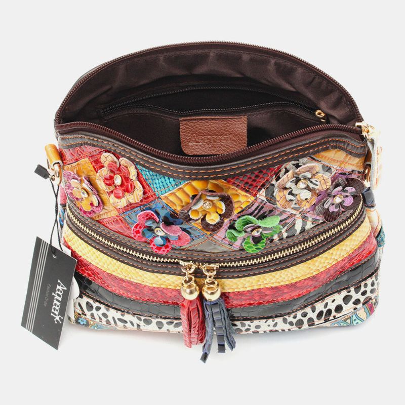 Bolso Bandolera De Cuero Genuino Vintage Floral Para Mujer Bolso De Hombro Informal Para Niñas