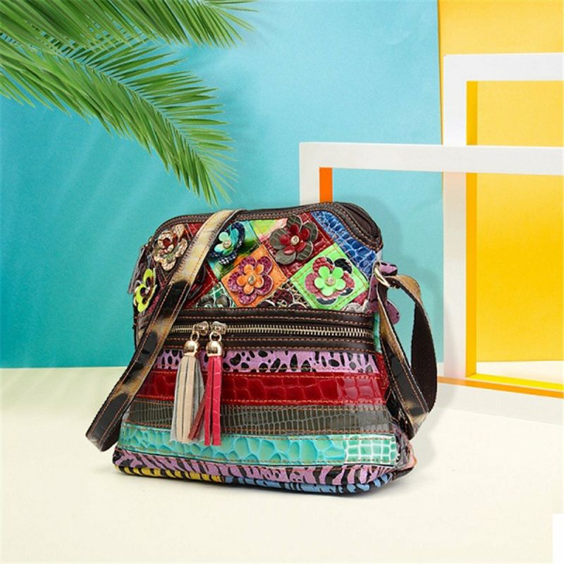 Bolso Bandolera De Cuero Genuino Vintage Floral Para Mujer Bolso De Hombro Informal Para Niñas