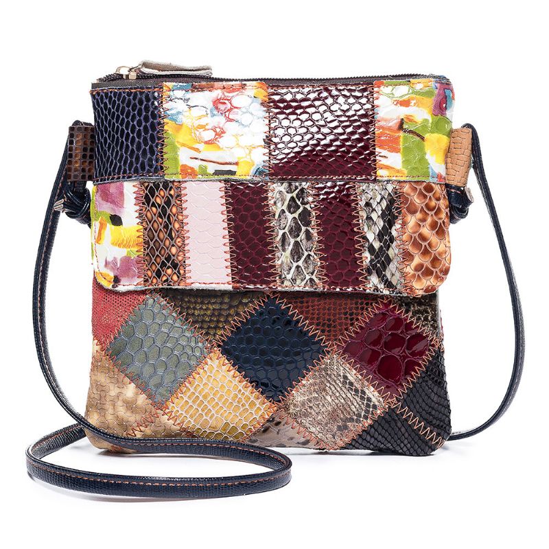 Bolso Bandolera De Cuero Genuino Vintage Patchwork Para Mujer Bolso De Hombro Informal