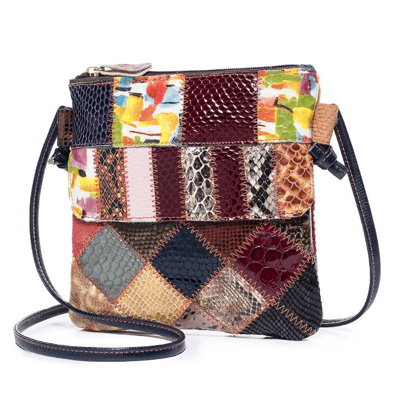 Bolso Bandolera De Cuero Genuino Vintage Patchwork Para Mujer Bolso De Hombro Informal