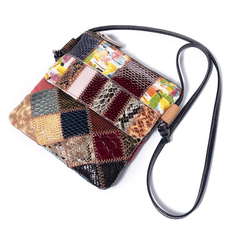 Bolso Bandolera De Cuero Genuino Vintage Patchwork Para Mujer Bolso De Hombro Informal