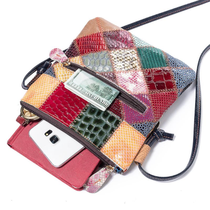 Bolso Bandolera De Cuero Genuino Vintage Patchwork Para Mujer Bolso De Hombro Informal