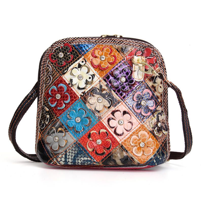 Bolso Bandolera Floral De Retazos De Cuero Genuino Para Mujer