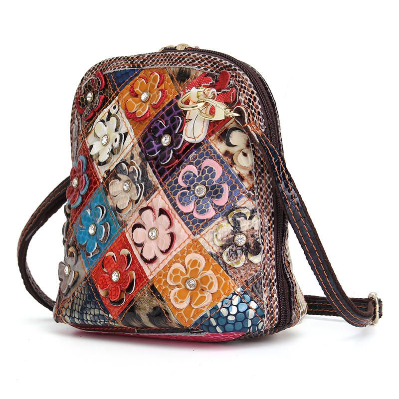 Bolso Bandolera Floral De Retazos De Cuero Genuino Para Mujer