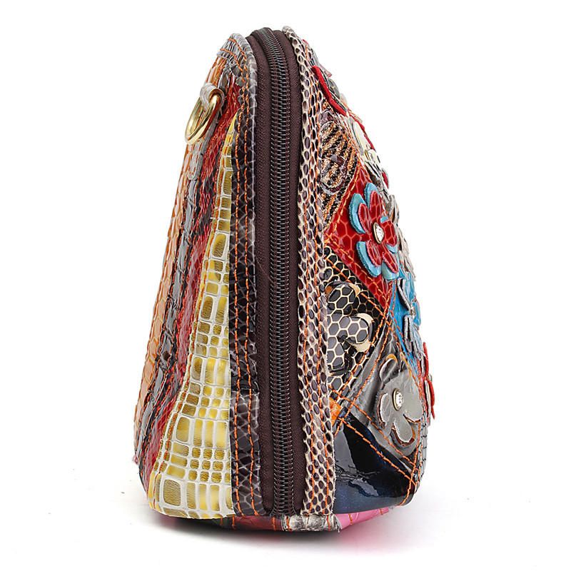 Bolso Bandolera Floral De Retazos De Cuero Genuino Para Mujer