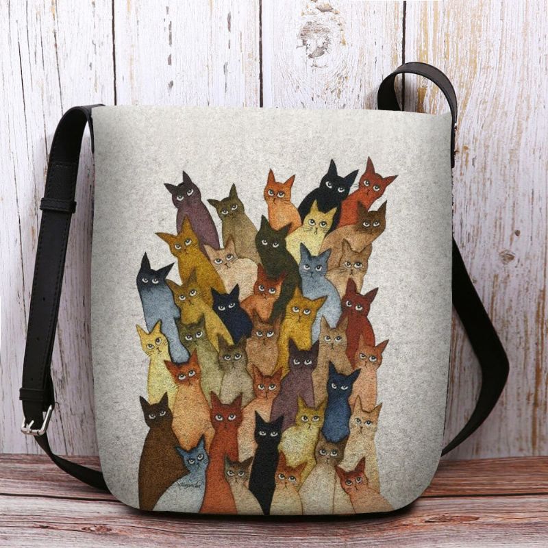 Bolso Bandolera Informal Con Estampado De Gatos De Dibujos Animados Lindos De Fieltro Para Mujer