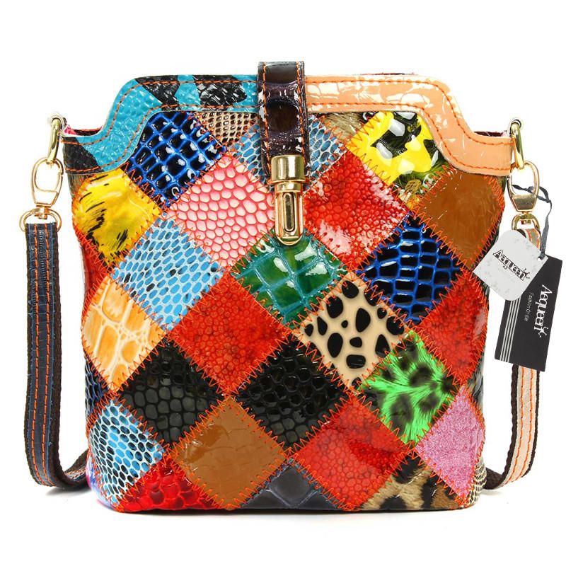 Bolso Bandolera De Retazos De Cuero Genuino Para Mujer Bolso De Hombro Elegante Floral