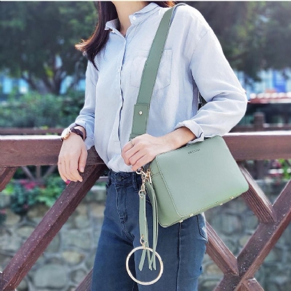 Bolso Cuadrado De Piel Sintética Con Doble Cremallera Y Anillo De Metal Para Mujer