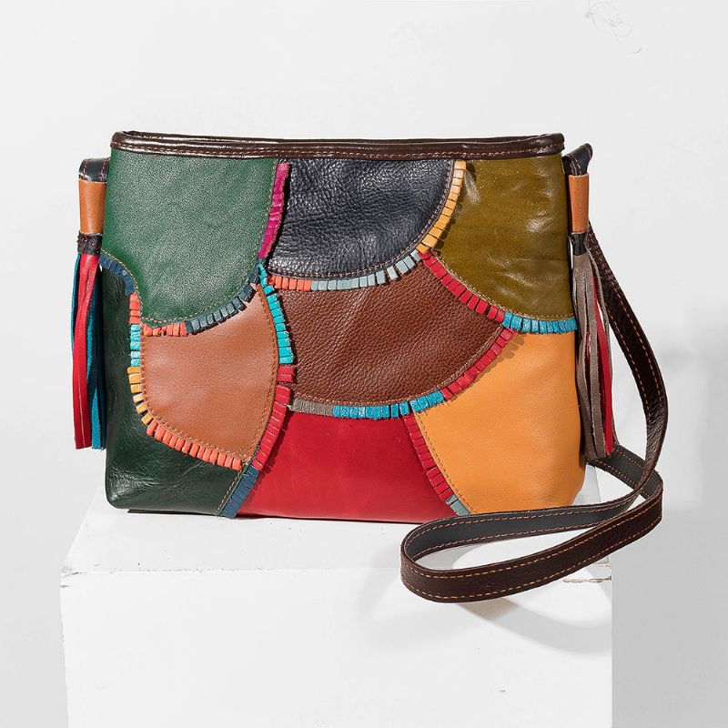 Bolso De Hombro De Cuero Genuino Vintage Patchwork Para Mujer