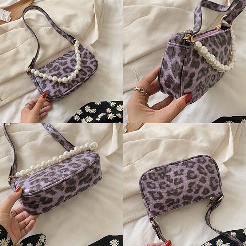 Bolso De Hombro De Perlas Con Estampado De Leopardo De Pu Para Mujer Bolso De Axila