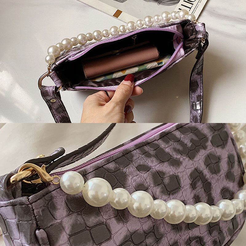 Bolso De Hombro De Perlas Con Estampado De Leopardo De Pu Para Mujer Bolso De Axila